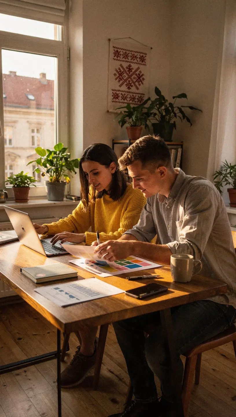 Pénzügyi oktató anyagok és tanácsadási eszközök bemutatása egy rendezett íróasztalon